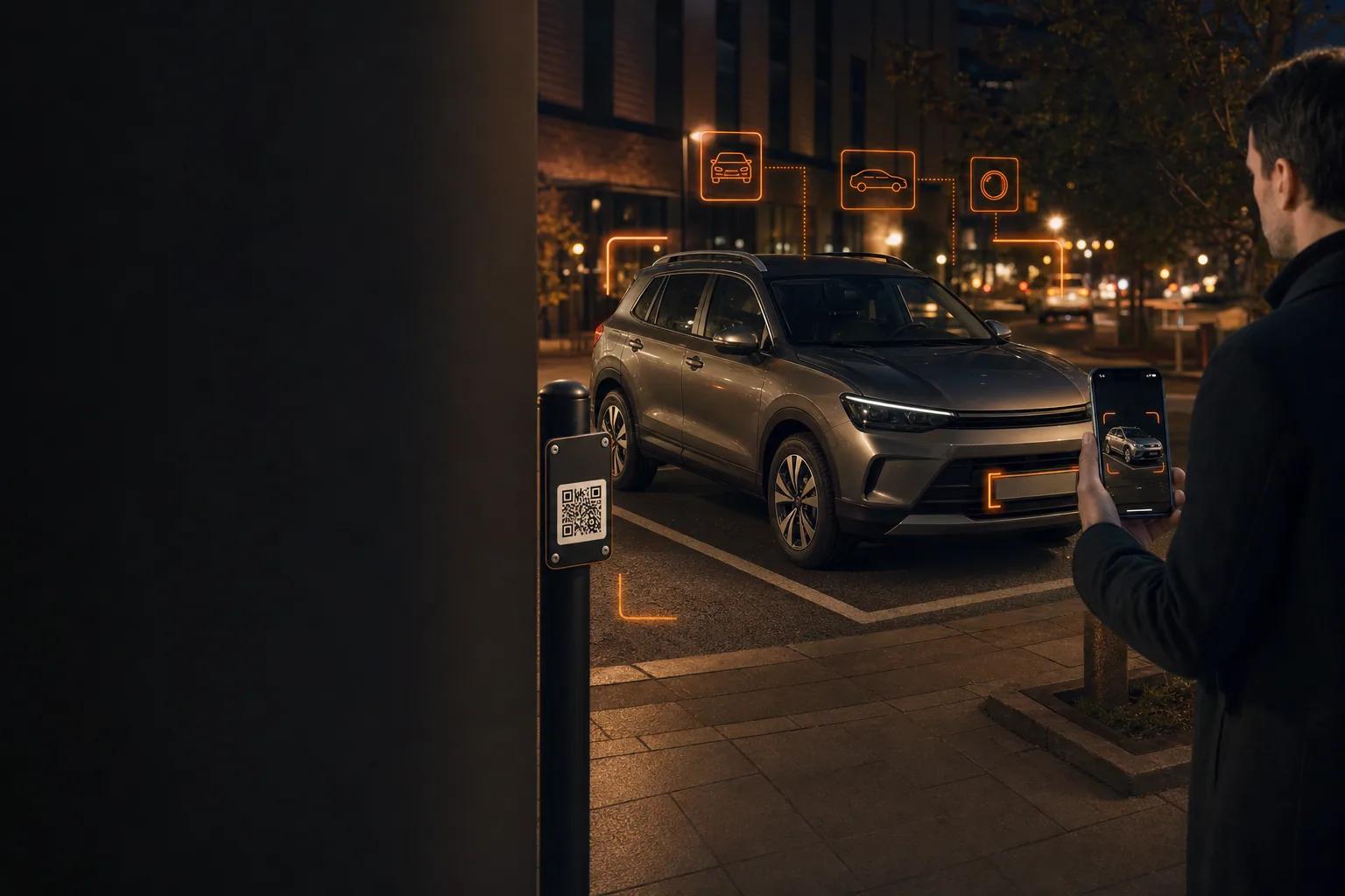 Driver using a smartphone for AI-assisted QR code parking payment