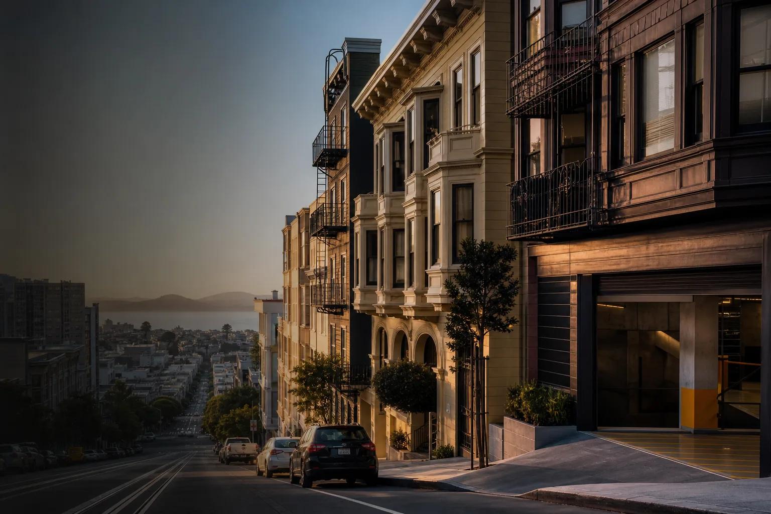 Downtown-style San Francisco street with a neighborhood parking entrance